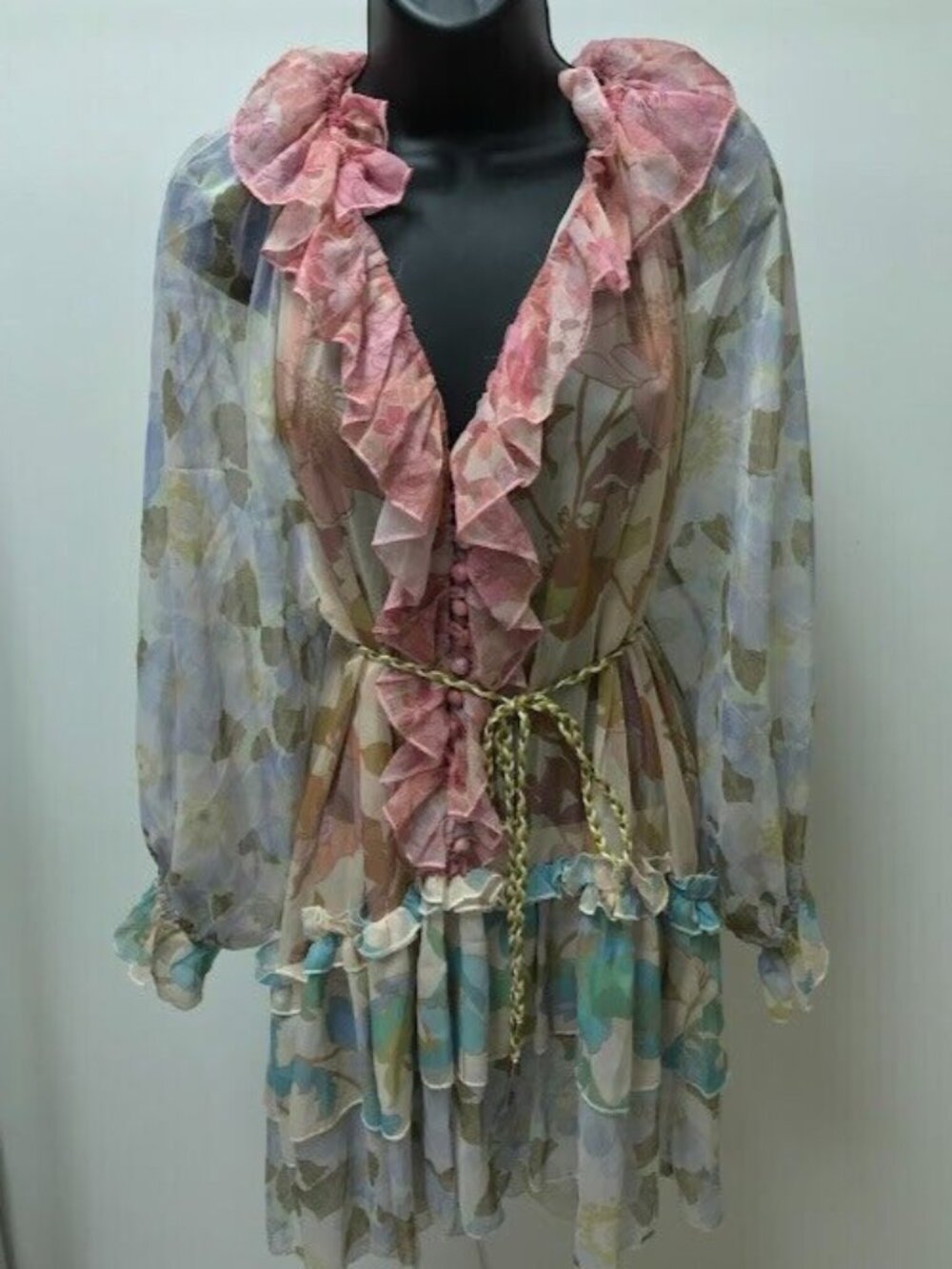 NWT Pookie & Sebastian Floral Tiered Fauna Ruffle Dress with Slip, Sz XS